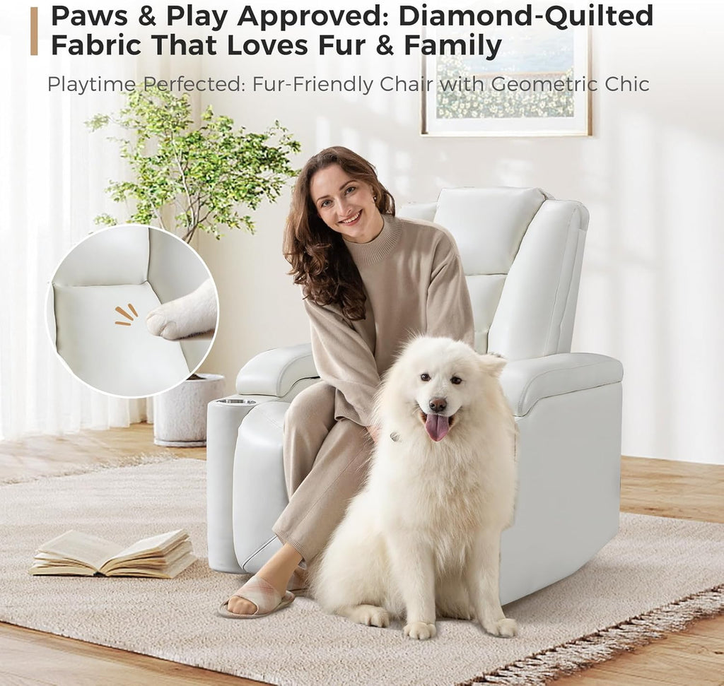 ANJ White Power Recliner Chair Electric Home Theater Seating Soft Leather Movie Chair for Living Room Overstuffed