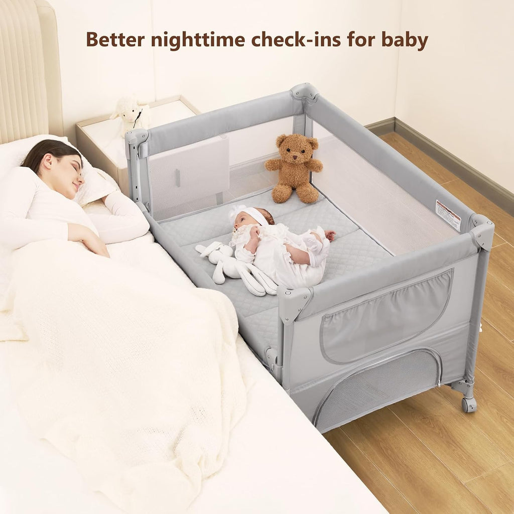 Pack and Play, Baby Bassinet Bedside Crib with Changer, Grey | One-push setup, mattress, breathable mesh, adjustable