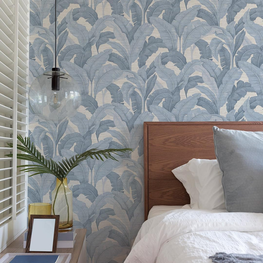 Textured Blue Layered Palm Faux Grasscloth Removable Peel and Stick Wallpaper, 20.5 in X 16.5 ft, Made in The USA