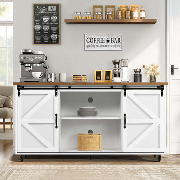 Farmhouse Coffee Bar Cabinet with Sliding Barn Door, 58", White