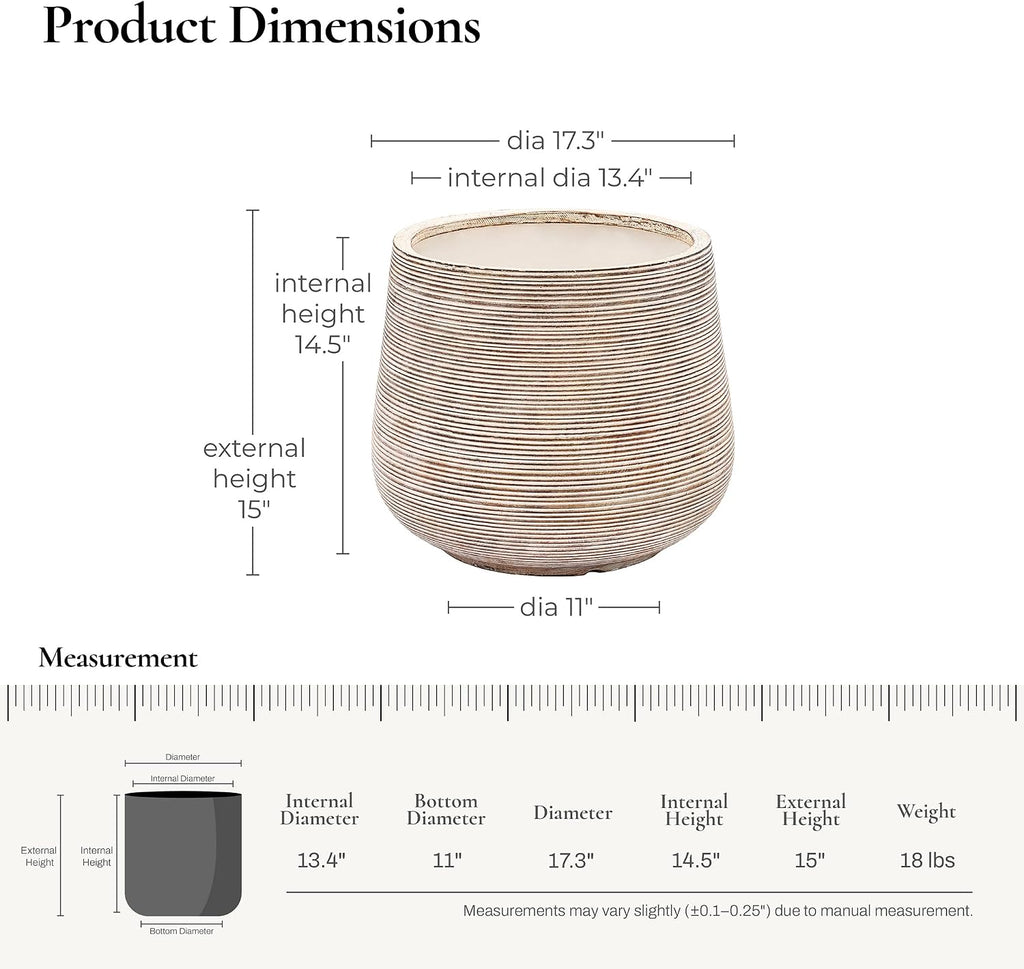 17" Round Planters for Indoor Plants, Distressed Large Plant Pot | Planter with Drainage Hole and Rubber