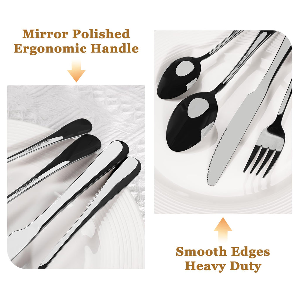 Black Silverware Set with Steak Knives Flatware Set for 4 Food-Grade Stainless Steel Cutlery Set Mirror