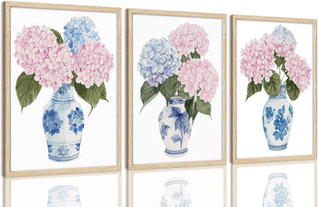 OAK Wood Framed Wall Art Pink And Blue Floral Canvas Wall Art Chinoiserie Flower Pictures Wall Decor Set of 3