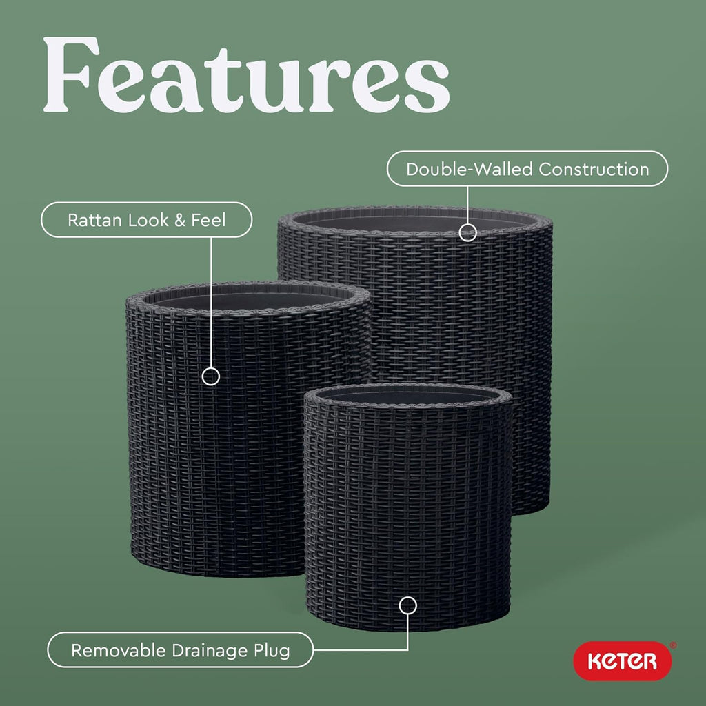 Cylinder Set of 3 Rattan Resin Planter for Indoor and Outdoor Plants Ideal Decorative Planter for Porches and Patio
