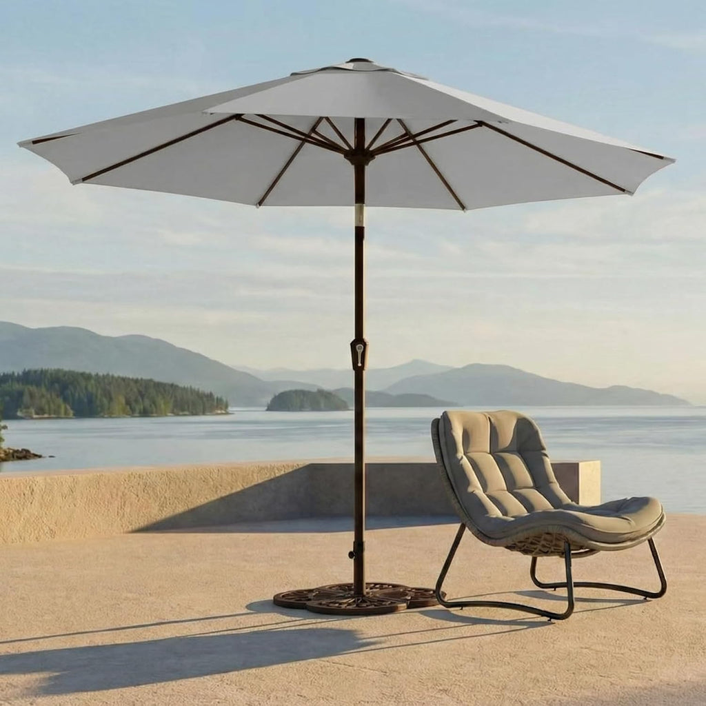 9FT Outdoor Patio Umbrella, Round Market Table Umbrella with Push‑Button Tilt and Crank Lift, 8 Sturdy Metal Ribs