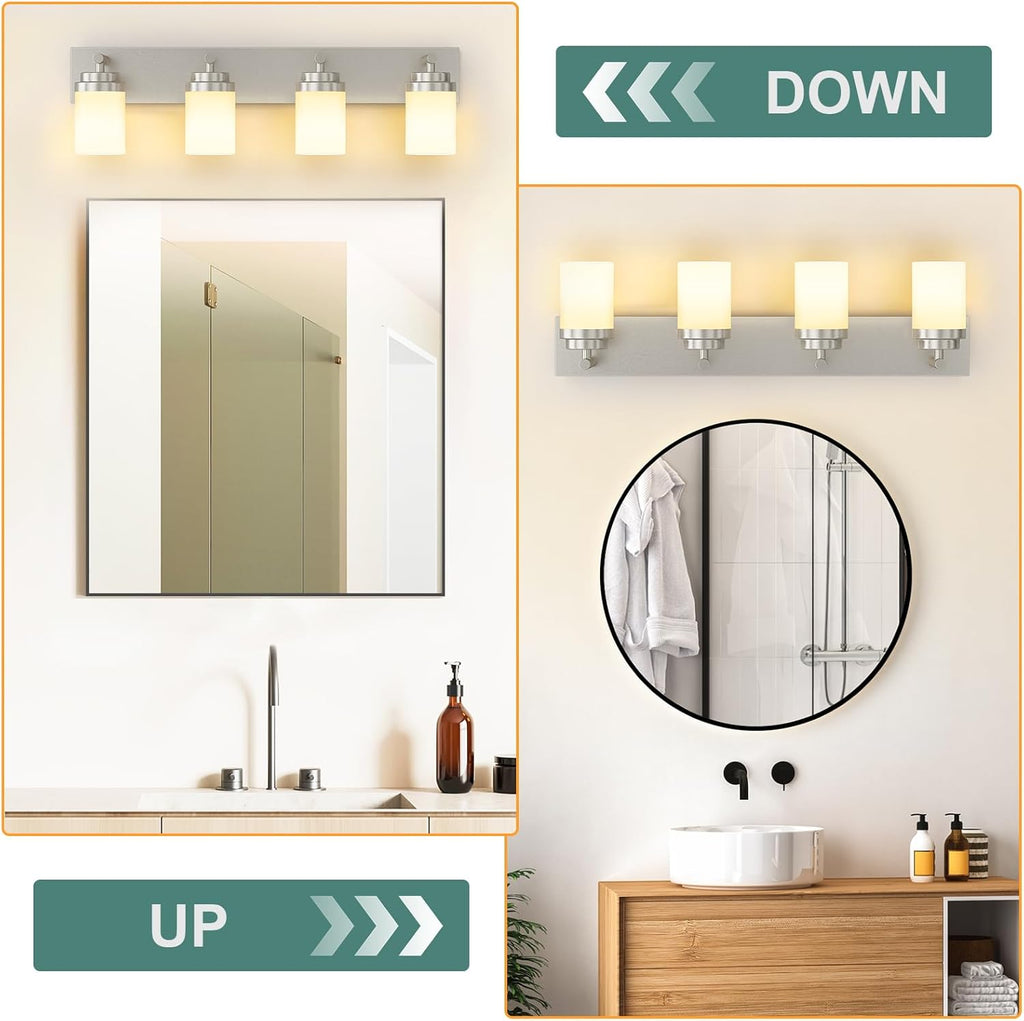 Bathroom Vanity Light Fixture, 4-Light 30 Inch Brushed Nickel Bathroom Light Fixtures Over Mirror, with White Glass