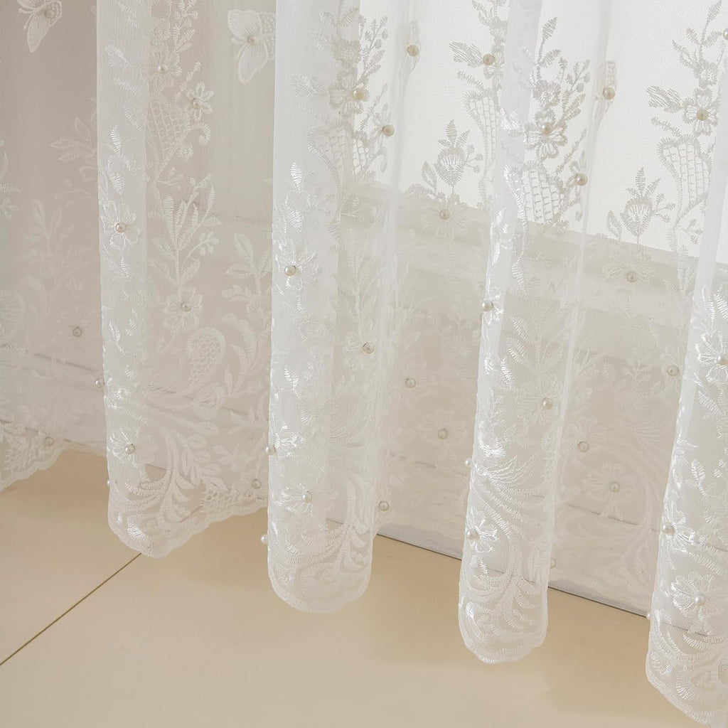White Sheer Voile Curtains, Decorative White Embossed Butterflies Rod Pocket Window Drapes for Home Kitchen, Living
