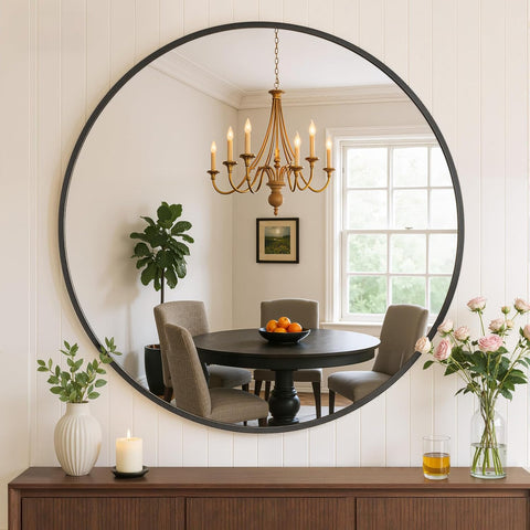 Bathroom Mirror for Wall, 24 Inch Round Mirror, Matte Black Metal Framed Circle Vanity Mirror Bedroom Living Room