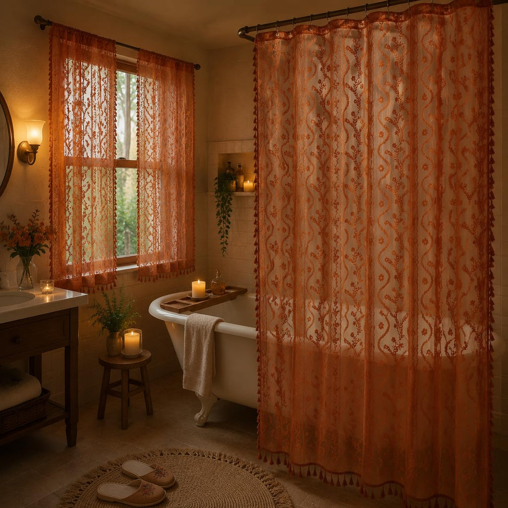 Terracotta Lace Shower Curtain, Boho Chic Fall Color, 72 x 72 in