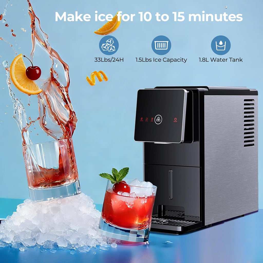 Countertop Nugget Ice Maker, 33 Lbs/24H Automatic Ice Dispenser, Self-Cleaning Portable Ice Machine, 1.8L Water Tank