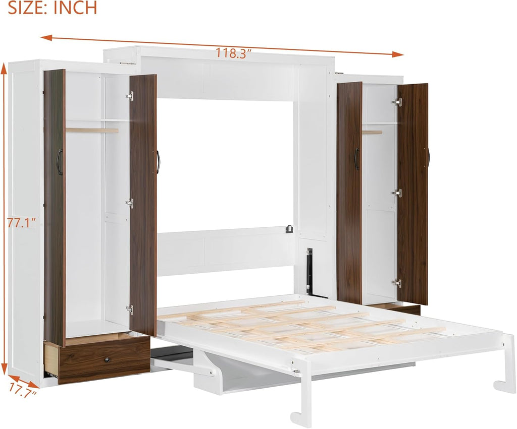 Queen Murphy Bed, Wooden Queen Wall Bed with Closet, Drawers and Desk, White