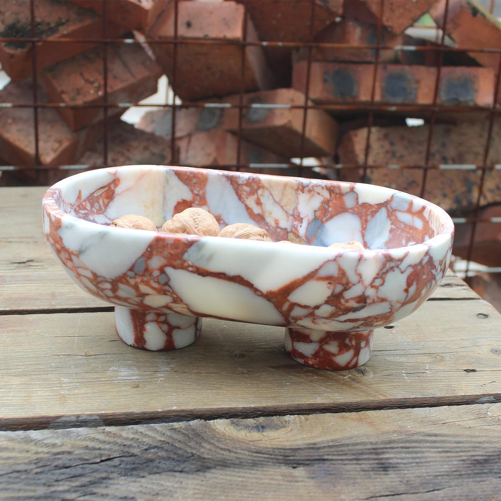 Natural Oval Calacatta Red Marble Fruit Bowl Counter 10", Large Decorative Bowl Two-Legs Decor, Fruits Holder For