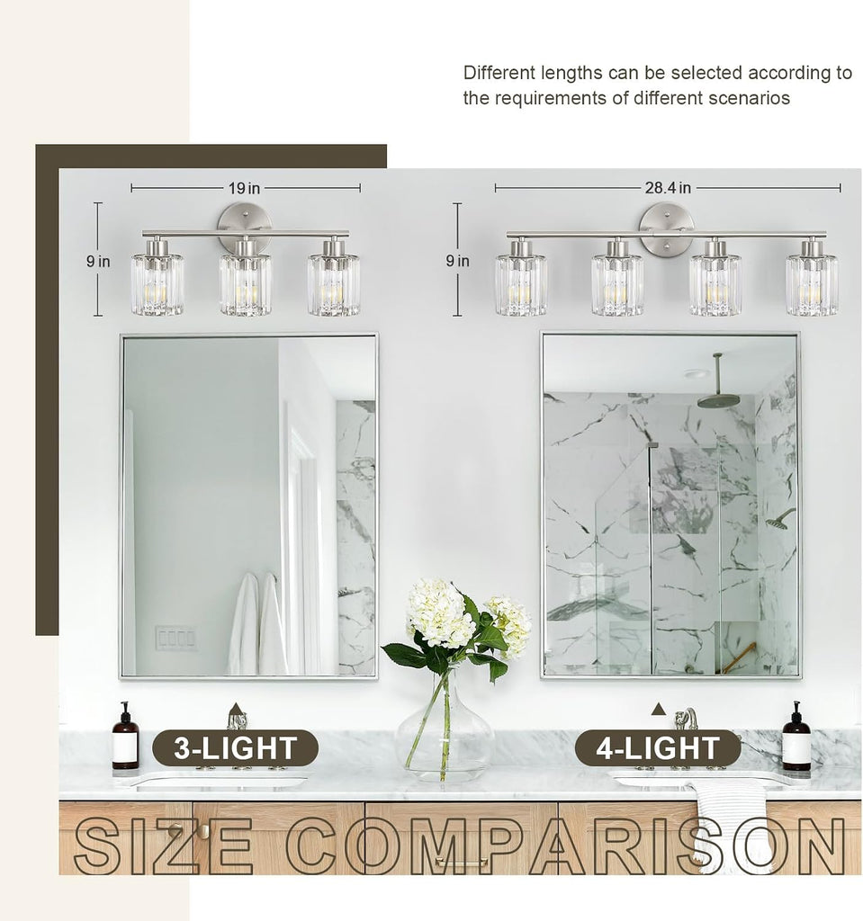Modern Brushed Nickel Crystal Bathroom Light Fixtures,4-Light | Bathroom Lighting Fixtures over Mirror,Vanity Lights