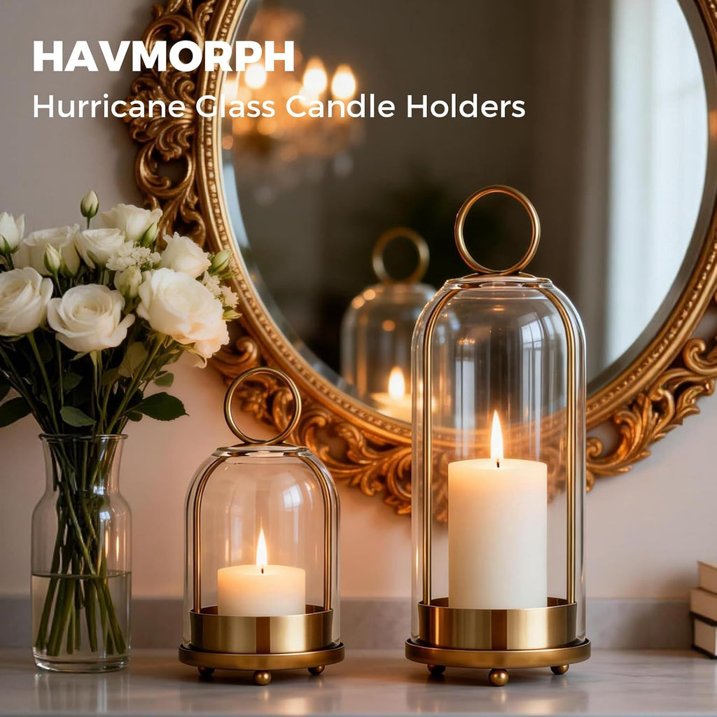 5"&4" Hurricane Glass Candle Holders, Hanging Brass Metal Candle Holder | Glass Candlestick Holders for Pillar