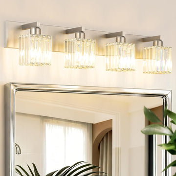 Brushed Nickel Bathroom Lighting Fixtures 4 Light Crystal Modern Bathroom Vanity Light (Exclude Bulb)