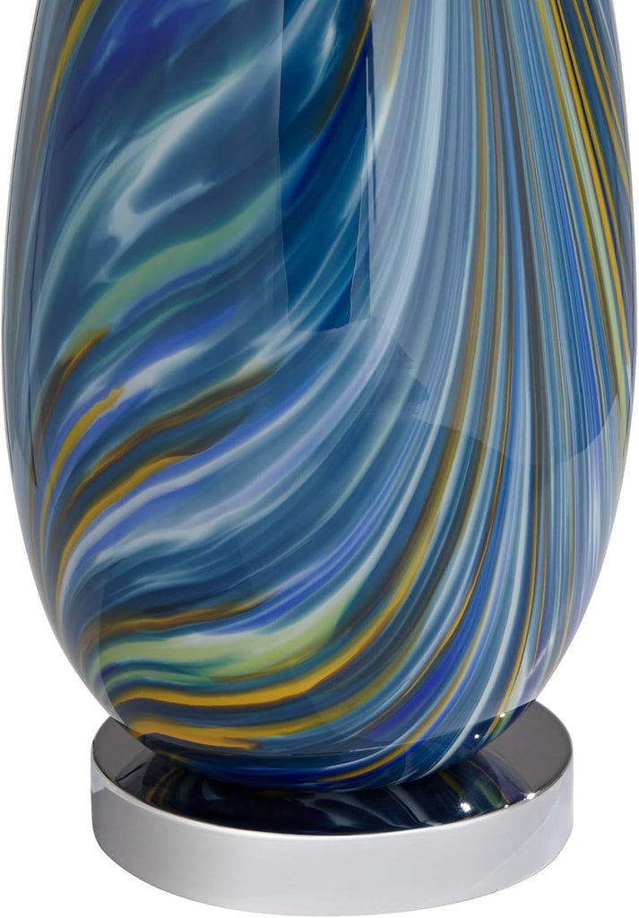 Euro Design Pablo Modern Table Lamp 27" Tall Swirling Multi Color Blue Hand Blown Art Glass Metal White Tapered Drum