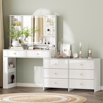 Makeup Vanity Desk with Mirror and Lights, Vanity Desk with 8 Drawers & Storage Shelves, Vanity Table with Power