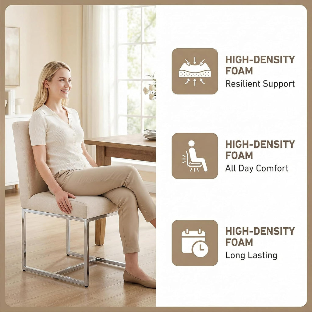 Modern Dining Chairs Set of 4, Upholstered Linen Dining Room Chairs with Ergonomic Back & Polished Silver Metal Frame