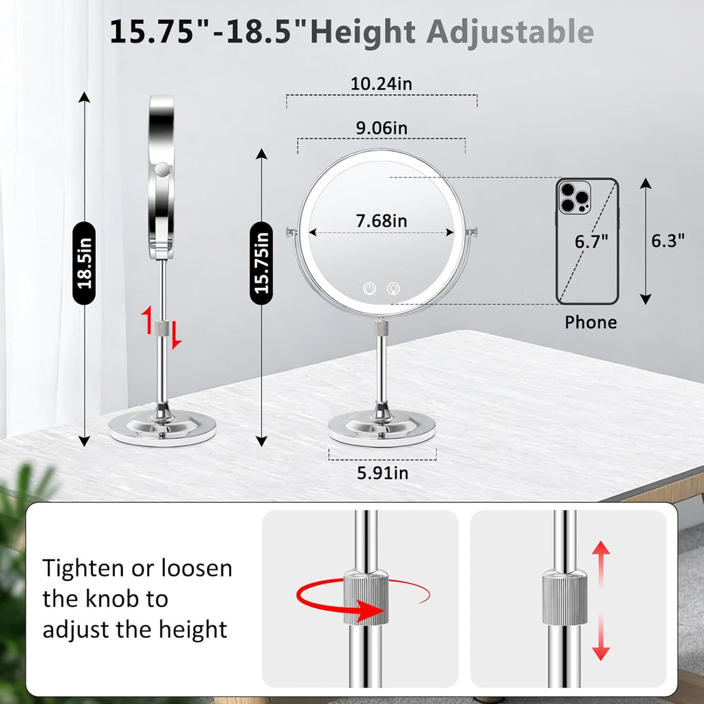 9" Makeup Mirror with Lights,5000mAh Rechargeable Vanity Mirror,1X/10X Double Sided Magnifying Mirror with Adjustable