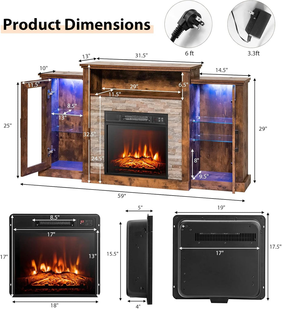 Electric Fireplace TV Stand, Electric Fireplace Mantel with 16-Color Led Lights, Adjustable Glass Shelves