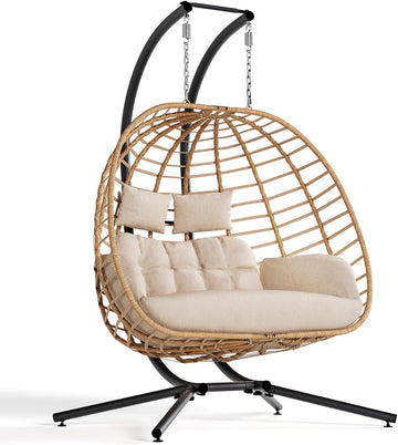 Double Hanging Egg Chair with Stand, Outdoor Patio 2 Person Wicker Hammock Swing Chairs with Cushion Loveseat for