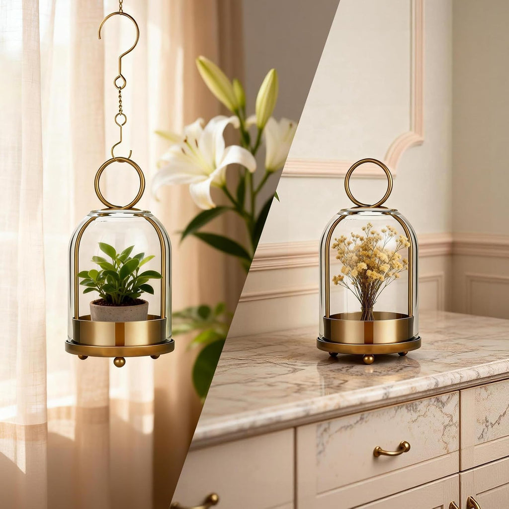 5"&4" Hurricane Glass Candle Holders, Hanging Brass Metal Candle Holder | Glass Candlestick Holders for Pillar