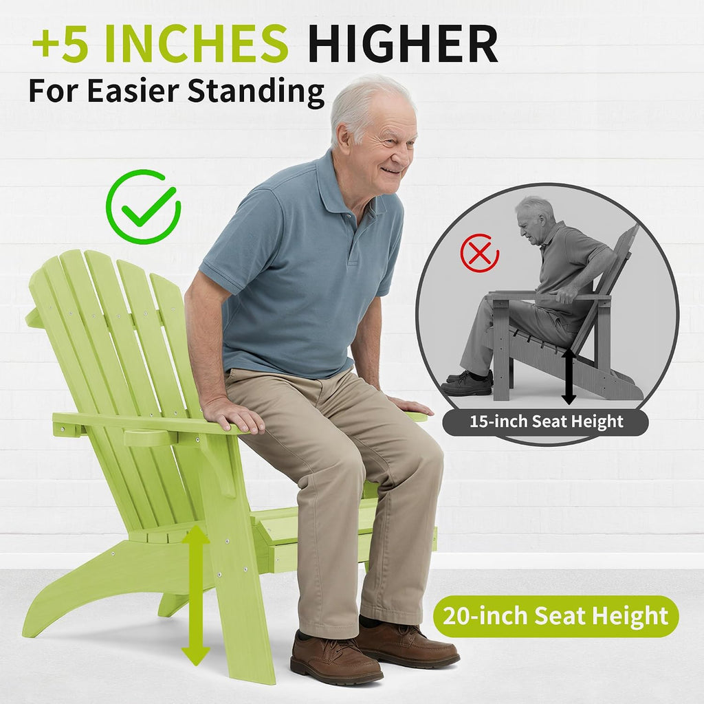 Adirondack Chairs with Cup Holder (1, Green) | Poly Lumber Patio Chairs, Blue 350Lbs Support, All Weather Patio