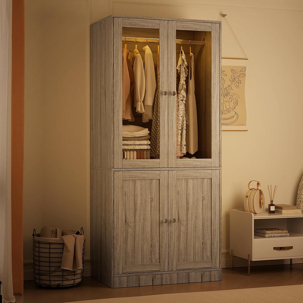 75" Tall Armoire Wardrobe Closet with 2 Glass Doors | Adjustable 3-color Lighting, Clothing Storage Cabinet with