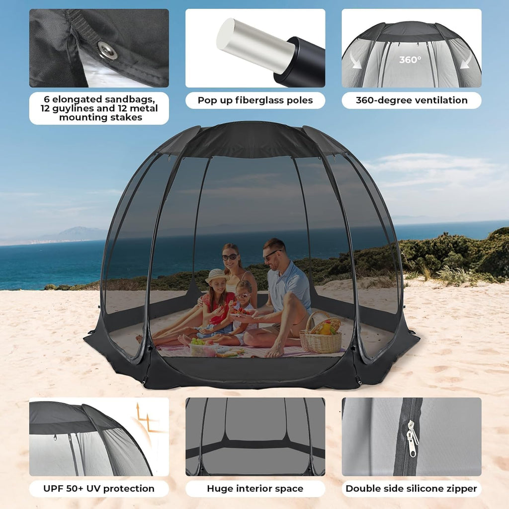 Pop Up Screen House Tent, Instant Outdoor Gazebo with Mosquito Netting & UPF 50+ Sun Protection - Black