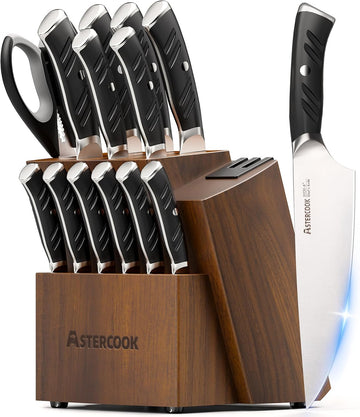 Knife Set, Kitchen Knives Set with Block and Dual Sharpener Full Tang 15 Pcs German Stainless Steel Knives Sharp