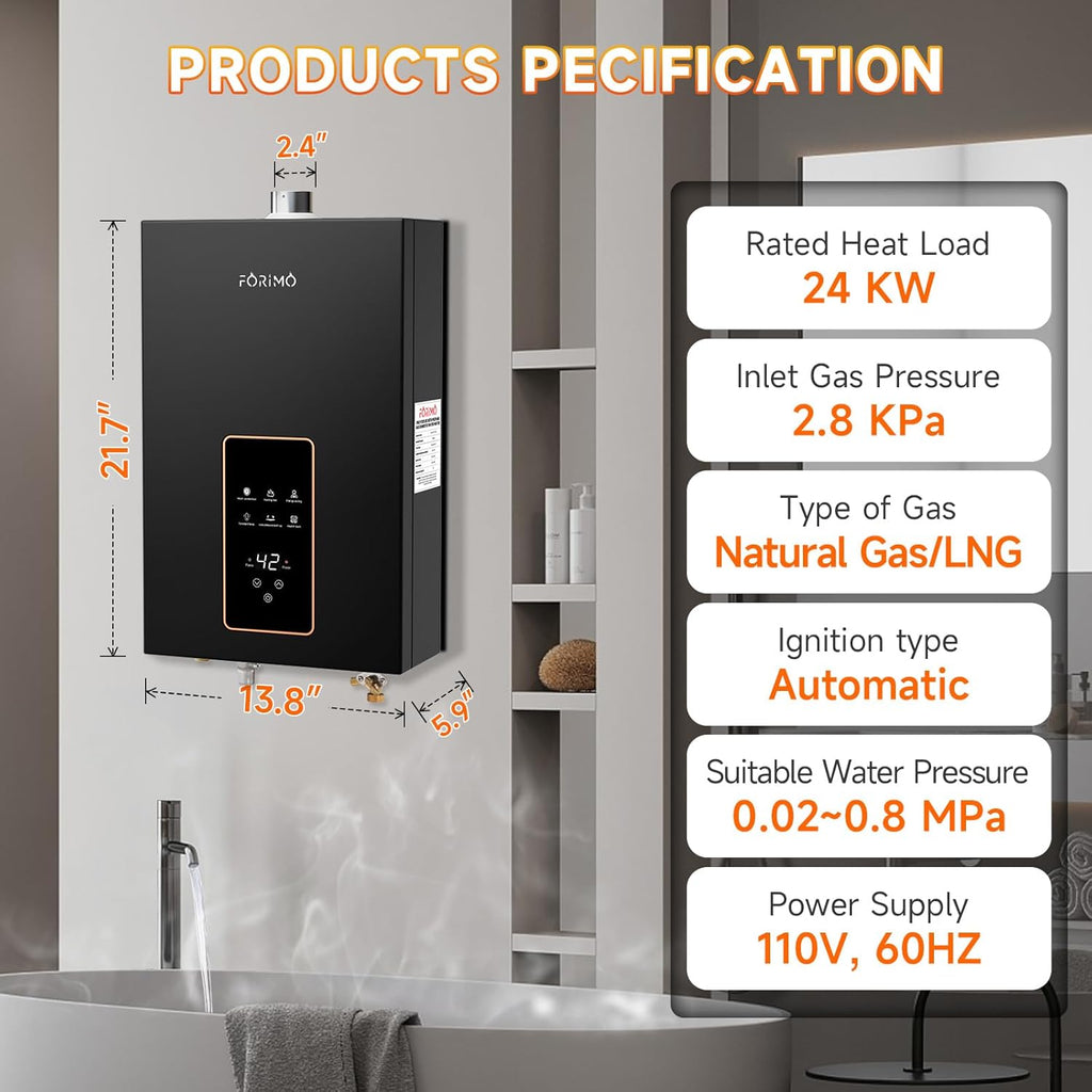 Natural Gas Tankless Water Heater, 4.74 GPM 18L Indoor, Constant propane water heater