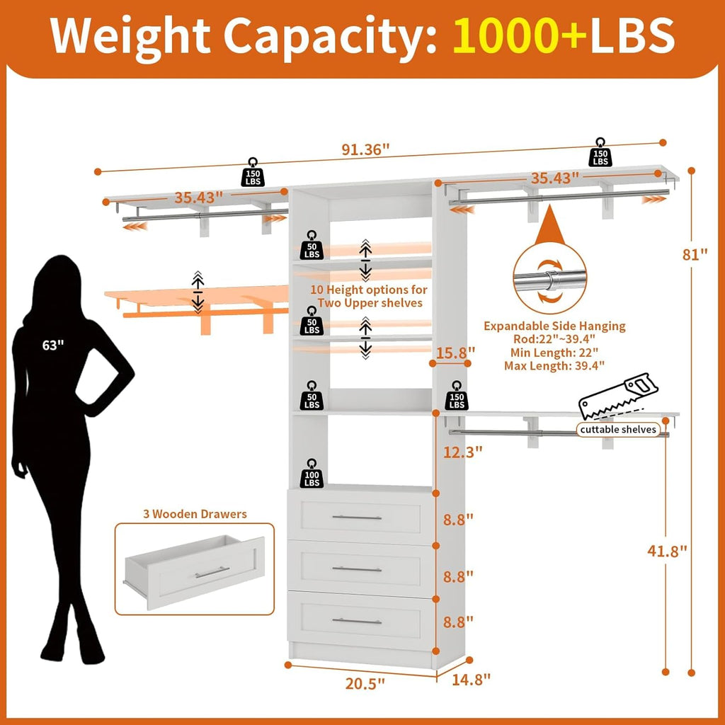 Closet System with Drawers, 5-7.61FT Closet Organizer System with Cuttable Shelves & 3 Expandable Hanging Rods, 96"