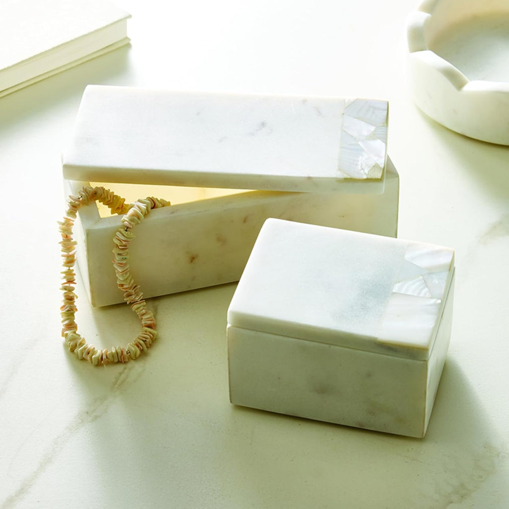 Keepsake Box with Lid - Handcrafted Marble with Mother of Pearl Inlay, 4" Long x 3" Wide x 2.5" Tall, White Grey