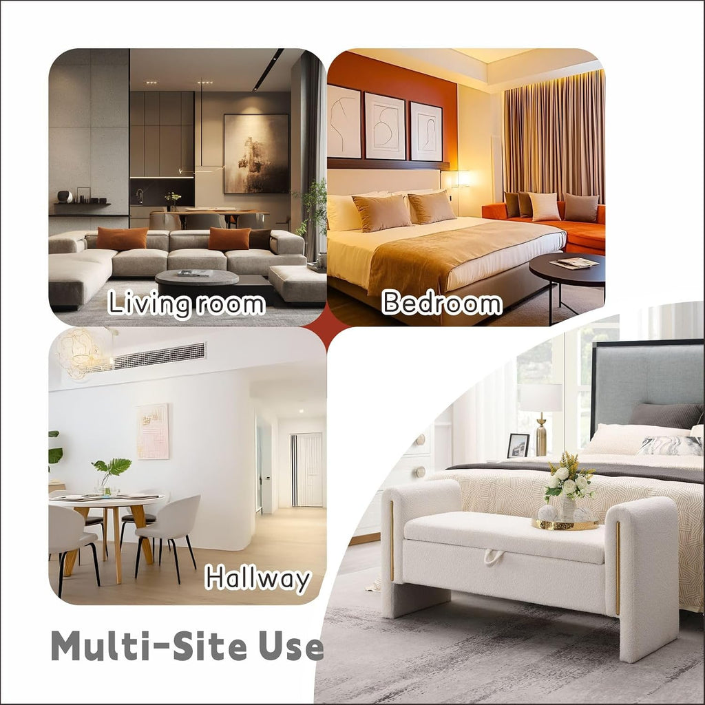 Modern 52" Storage Ottoman Bench, Upholstered End of Bed Storage Bench with Armrests, Entryway Bench, Teddy Foot Rest