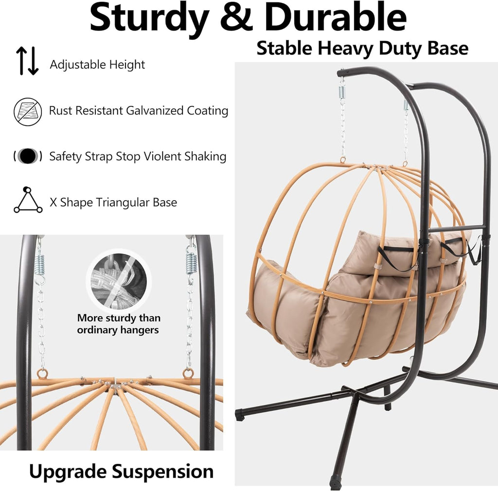 Double Egg Chair Outdoor, Egg Swing Chair with Stand, Hanging Swing Chair Outdoor with Cushions/Headrest, 80" H