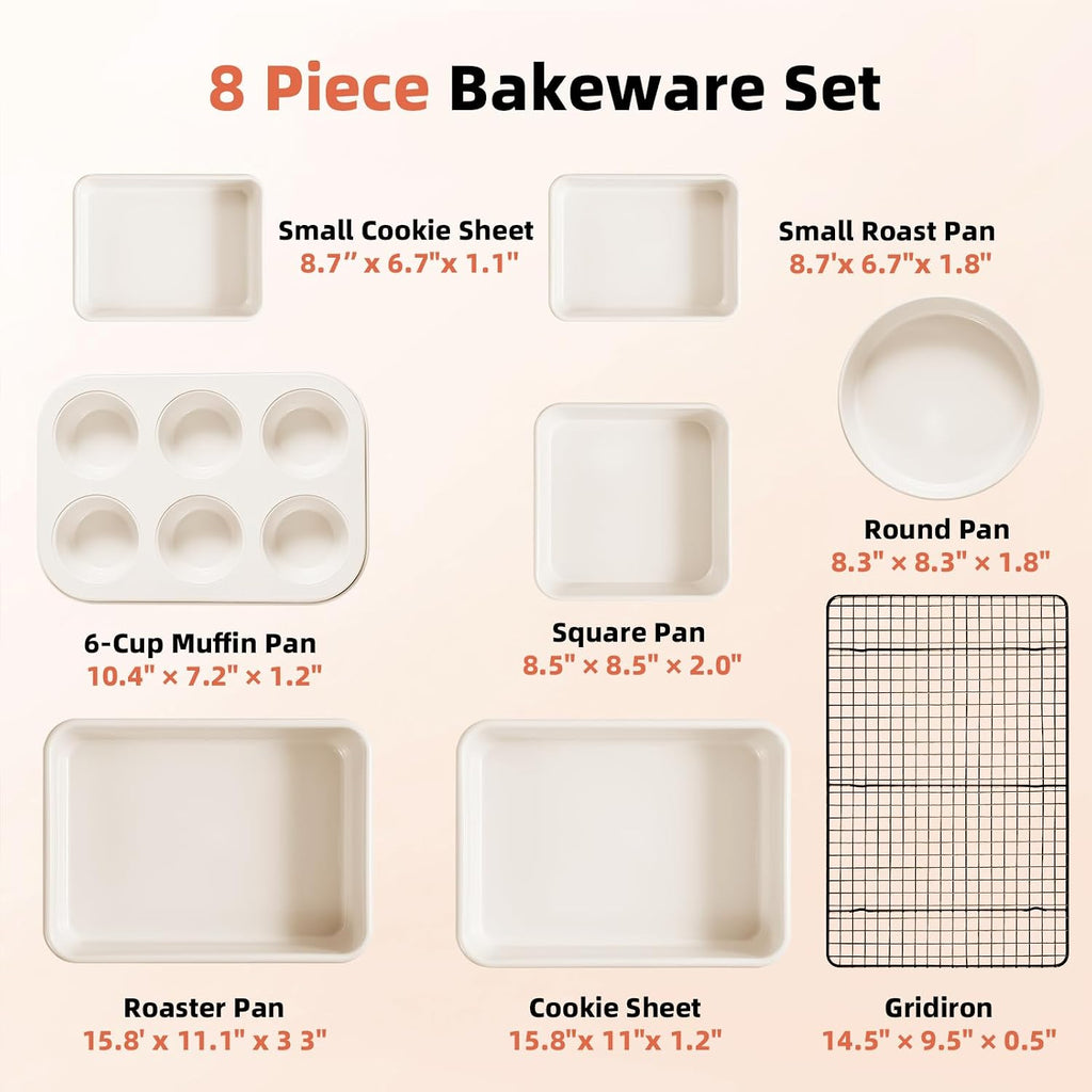 Pans Set Stackable Carbon Steel Bakeware Set | 8 Pcs Non Stick Set with Cookie Sheet, Roasting Pan, Cake Pan, Muffin