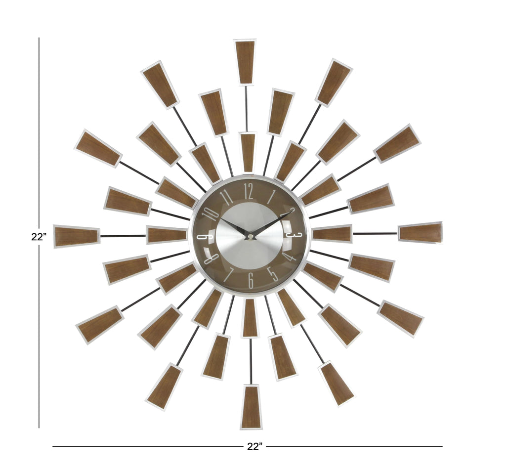 Metal Starburst Wall Clock, Clock 22" x 3" x 22", Brown