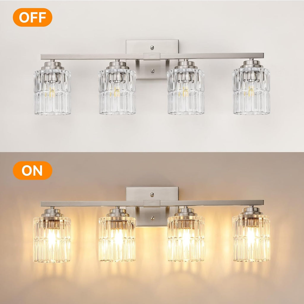 Nickel 4Light Bathroom Vanity Light with Fluted Cylinder Glass Shade | Modern Vanity Lighting Fixtures, Bathroom