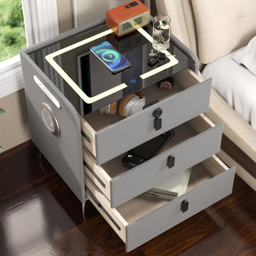 Smart Nightstand with Fingerprint Lock Drawer, Nightstand with Wireless Charging, Night Stand with Charging Station,2