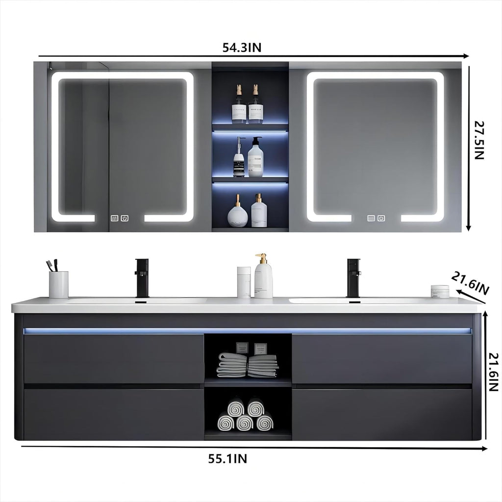 55IN Double Sink Vanity, 4 Drawers, Two LED Smart Touch Mirror Cabinets, Open Center Compartment, Body Sensor Lights
