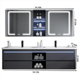55IN Double Sink Vanity, 4 Drawers, Two LED Smart Touch Mirror Cabinets, Open Center Compartment, Body Sensor Lights