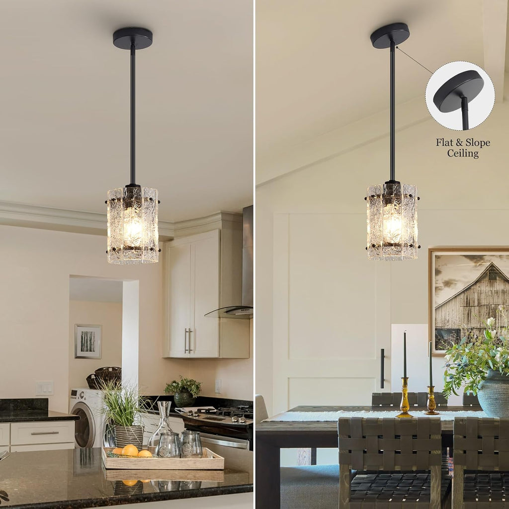 Black Glass Pendant Lights Kitchen Island, Water Ripple Round Pendant Lights Adjustable Modern Hanging Pendant Light
