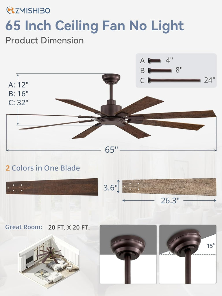 65 Inch Oil Rubbed Bronze Ceiling Fans No Light with Remote, Indoor/Outdoor Farmhouse Ceiling Fan Without Light