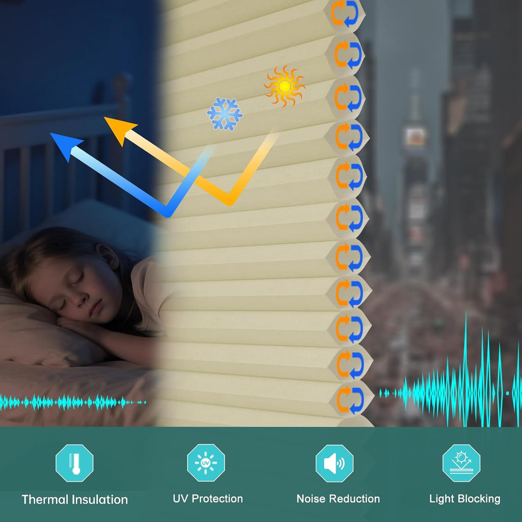 No Drill No Tools Blackout Cellular Shades,Cordless Blinds Windows,Room Darkening Window Shades Honeycomb