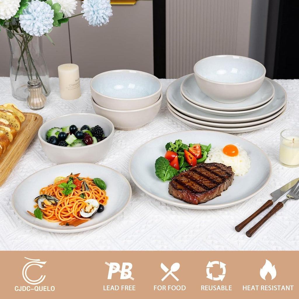 Plates and Bowls Sets for 4 - 12-Piece Stoneware Dinnerware Sets, Ceramic Dishware SetUse and Formal Dining