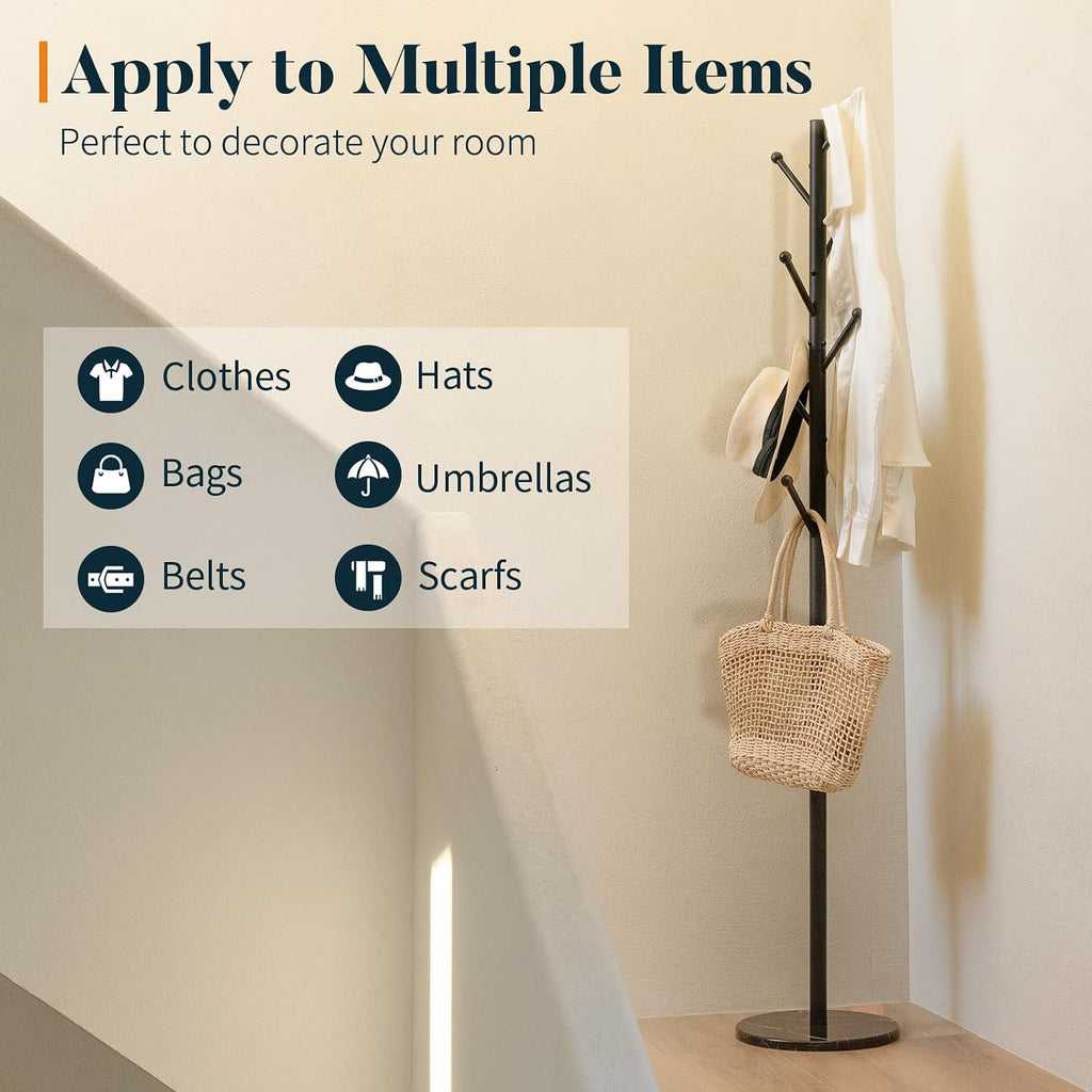 Coat Rack Freestanding with Natural Marble Base - Coat Tree with 8 Hooks Heavy Duty Coat Hanger Stand, Metal Coat