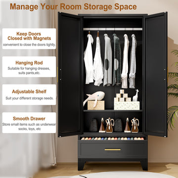 Metal Armoire Wardrobe Closet Storage Cabinet with Mirror Black, 71'' Wardrobe Cabinet with Hanging Rod Metal Closet
