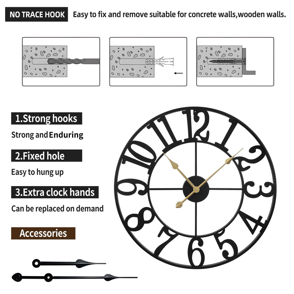 Oversized Wall Clock Decor - 40 Inch Silent Non-Ticking Wall Clocks Battery Operated, Metal Vintage Retro Decorative