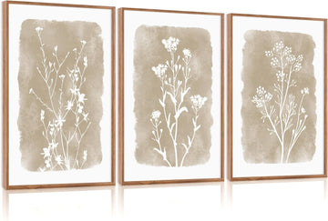 Neutral Botanical Wall Art Set of 3, arge Framed Boho Farmhouse Flower Wall Decor, Modern Minimalist Floral