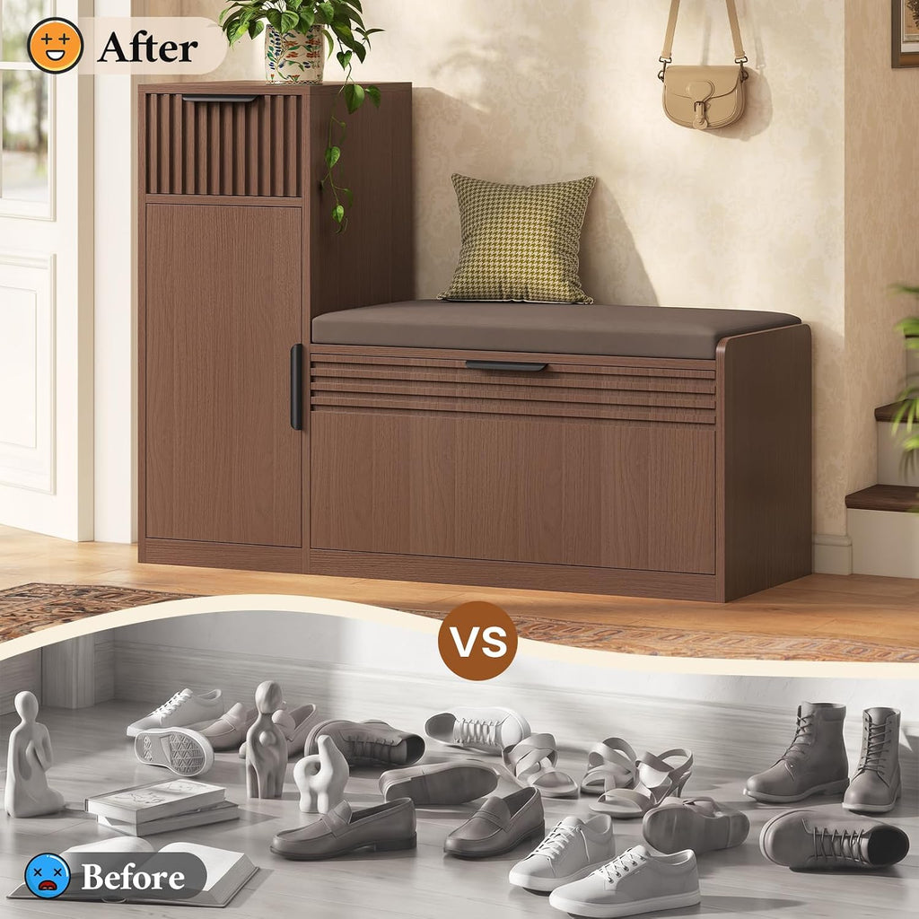 45.3" L-Shaped Storage Bench, Entryway Bench with Shoe Storage and Cushion, 3-Level Adjustable Shelves Flip Drawer &